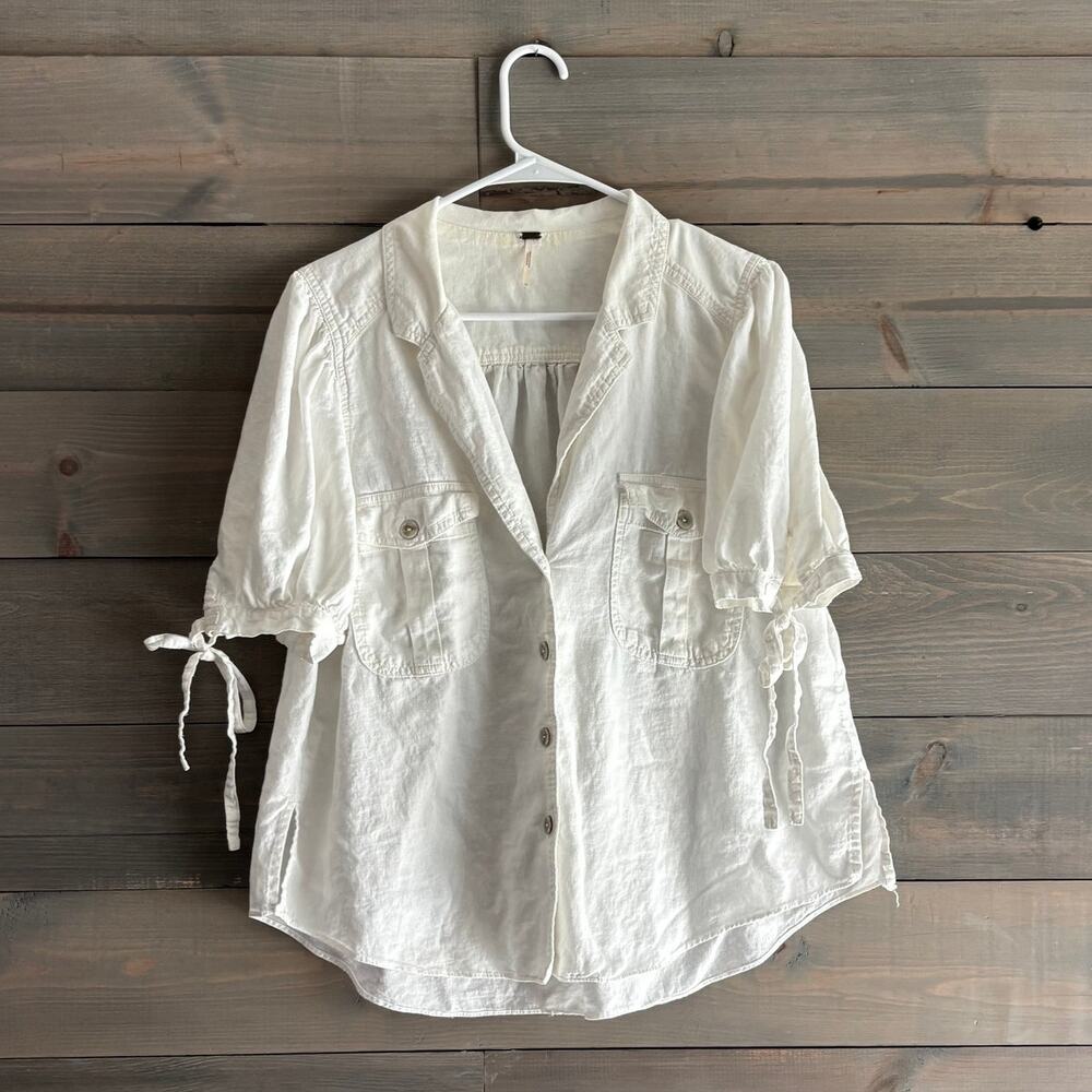 FREE PEOPLE | Safari Babe Linen Blend Button Down Top White Puff Sleeve Sz L